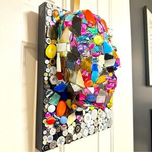 Sculpture Head Bust papier-mâché, Mosaic Glass Beads Buttons Figure art OOAK